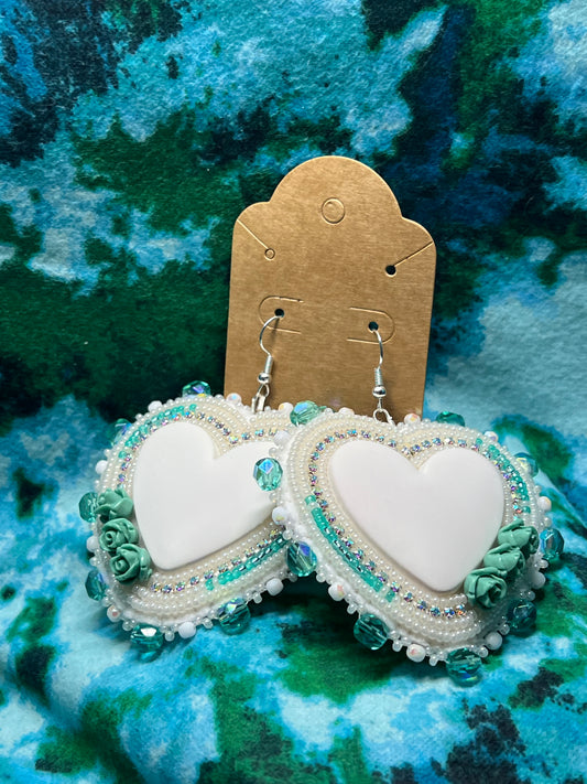 White and Teal heart earrings